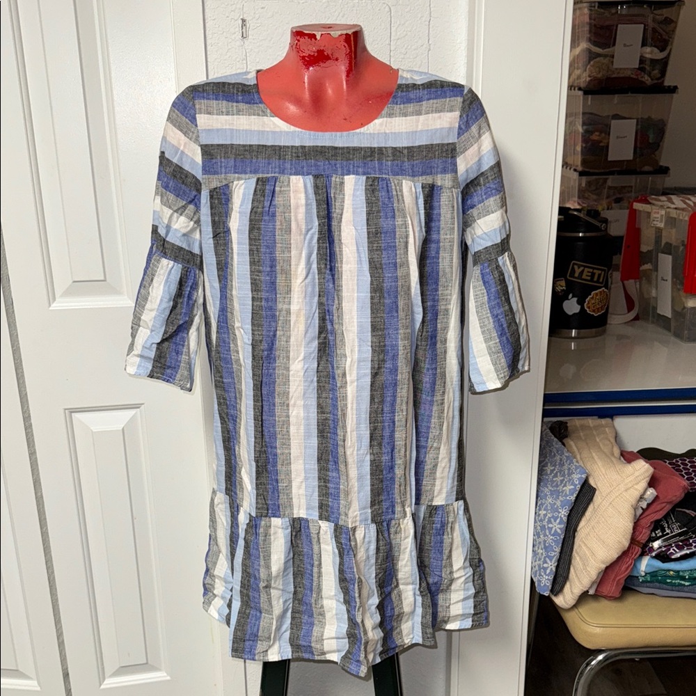 Amadi Striped Blue Boho Bell Sleeve Dress